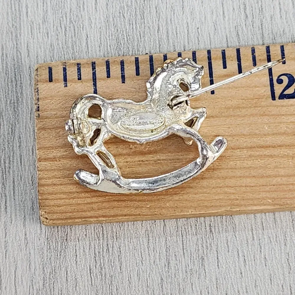 Vintage Danecraft Rocking Horse Brooch Pin Figural Gold Silver Tone Signed Metal